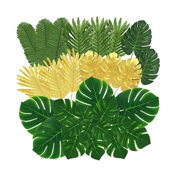 100 Buc Artificiale Frunze de Palmier Tropical Frunze, Frunze de Aur și Verde Faux Frunze de Petrecere Hawaiian Decor de Masă Imagine