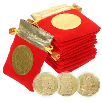 12 Seturi An De Dragon Monede Comemorative cu Mic Cordon Cadou Dragon Monede de Aur Imagine