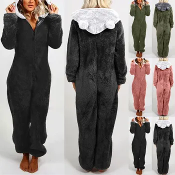 2023 Fermoar Pijamale Pufoase de Lână Pijamale pentru Femei cu Gluga pentru Adulti Cald Iarna Pijamale, Salopete Loungwear General Plus Dimensiune 5XL Imagine