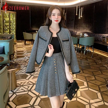 2023 Toamna Facultate de Înaltă Calitate Stil de Costum de Tweed Gri Rochie Femei de Moda coreeană maneca Lunga Top Sacou + Fusta Plisata 2-Bucata Imagine