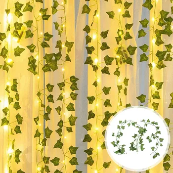 2M Arțar Frunze de Viță de vie Fals Frunze Verzi cu 20 LED-uri Lumini Șir Ivy Ghirlanda Fals Plante pentru Perete Petrecere în Grădină Cameră de zi Imagine