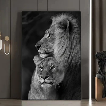 Alb și negru Leu Postere si Printuri Pictat pe Panza Pictura Modernă Animale Arta de Perete Imaginile pentru Camera de zi Decor Acasă Imagine