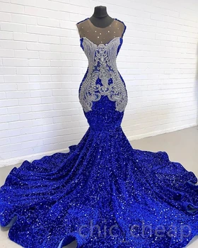 Albastru Regal Afro-American Prom Rochii Sirenă Pur Paiete Cu Margele Negre Fete Nigeria, Arabia Saudită Rochii De Seara Rochie Imagine