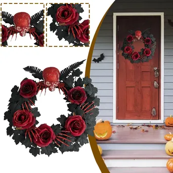 Artificiale Halloween Coroană De Flori Negru Decorat Cu Trandafiri, Frunze De Halloween Colectare Cununa Fereastra De Aspirație Cupe Imagine