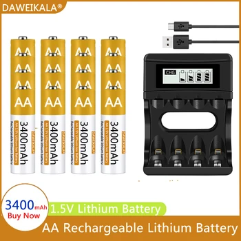 Baterie AA 1.5 V baterie Reîncărcabilă 3400mAh Litiu-ion Baterie AA pentru telecomanda mouse-ventilator Electric de jucarie cu incarcator USB Imagine