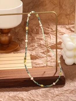 Colier șirag de mărgele y2k Boem Handmade pline de culoare Perla Naturala de Lamaie Piatra Aventurin Verde Imagine
