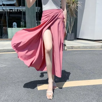 Coreea de Mare Talie Șifon Fusta pentru Femei Primavara-Vara Elegante de Moda Hip Înfășurați Strâns Fuste Lungi Înaltă Împușcat Split Jumătate Fuste Imagine