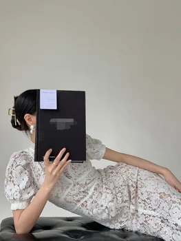 Dantela cu Maneci Scurte Rochie de Vara pentru Femei Design Simte Subțire și Subțire, cu o Talie Subțire Stil Lungi Peste Genunchi Imagine