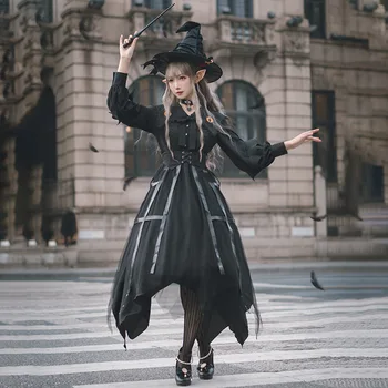 Dark Gothic Lolita Rochie OP Halloween Epocă de Mare Waisted Maneca Lunga Rochie Neregulate Imagine