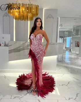 De Lux, Cristale Sirena Celebritate Rochii Cu Slit Lateral Dragă Rochii De Bal Pene Rochii De Cocktail Vestidos Para Mujer Imagine