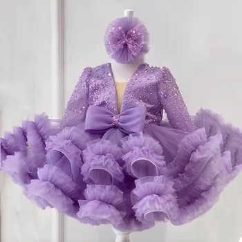 De lux, Cristale Violet Rochii Fete cu Flori 2023 Rochie de Bal V-gât Arc Paiete de Aniversare pentru Copii Concurs de Prima Împărtășanie Rochii Imagine