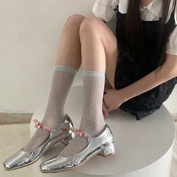 De Înaltă Elastic Șosete Lungi Femei Nailon Respirabil Coreean Solid De Culoare De Argint, Mătase Șosete Casual Harajuku Streetwear Echipajului Sosete Sox Imagine