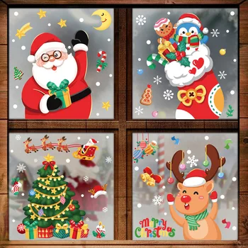 Desene Animate De Crăciun Autocolante Fereastră Moș Crăciun, Om De Zăpadă Elan Autocolante De Perete Crăciun Fulg De Nea Autocolant Noel An Nou Fericit Imagine