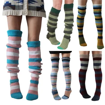 Doamnelor Tricotate Ciorapi Adulți Femei Toamna Iarna petrecere a timpului Liber în Stil Mixt Dungi de Culoare Șosete până la Genunchi Lungi Ciorapi Imagine