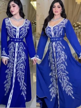 Elegant Albastru Musulman Cu Maneci Lungi Rochii De Bal Turcia Femei Petrecerea De Nunta Dress O-Linie Broderie Maroc Caftan Rochii De Seara Imagine
