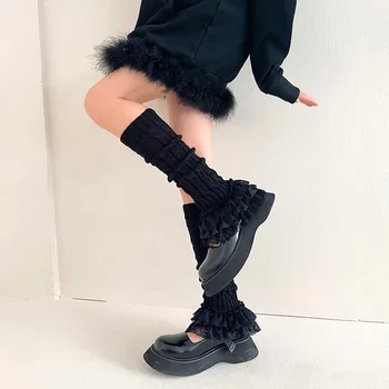 Femei Ars Piciorul Cald Goth Y2K Lace Zburli Lolita Tricot Șosete Picior Acoperi Wisted Dungi Picior Capac Dantelă Ciorapi de Boot Mansete Legging Imagine