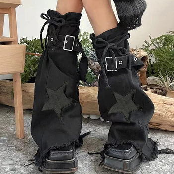Femei Denim Încălzit de Picior Punk Gotice Stele Încălzit de Picior Șosete Lungi Casual Boot Mansete Streetwear Imagine
