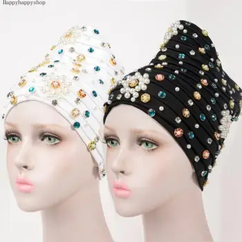 Femei Elastice Turban Pălărie Musulmane Hijab Islamic Margele Cancer Chimioterapie Capac Doamnelor Hijab Cap Înfășurați Eșarfă Nigerian Petrecere Capota Articole Pentru Acoperirea Capului Imagine