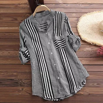 Femei Primavara Toamna Lenjerie de pat din Bumbac Mâneci Lungi Roll-Up Casual cu Dungi V Gât Buton Jos Tricouri Bluze Guler Tunica Topuri Imagine