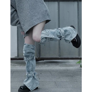 Femeile Y2K Denim Încălzit de Picior Genunchi Ridicat Harajuku Catarama Jean Șosete Punk Gotice Picior Acoperi Ciorapi de Streetwear Imagine