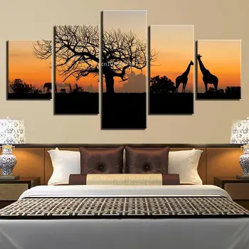 Girafe Elefant Copac, Apus de soare Peisaj Panza Printuri Pictura Arta de Perete Decor 5 Panou HD de Imprimare Poster Decor Acasă Nu Încadrată Imagine