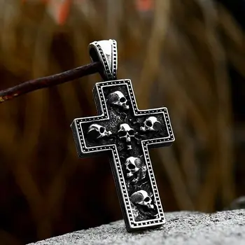Gotic Epocă Cruce Cap De Craniu Pandantiv Din Otel Inoxidabil Lanț Colier Pentru Bărbați Imagine
