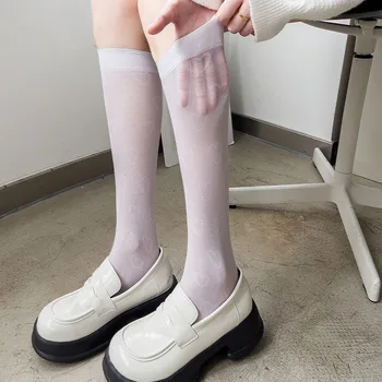 Gri Drăguț Șosete Lungi pentru Femei de Vară Ultra-subțire Transparent Genunchi Șosete Mari JK Lolita Dulce Fete Ciorapi Inimile Japoneze Kawaii Imagine