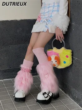 Harajuku Blană de culoare Roz Picior Cald Șosete Y2k Punk Drăguț Stele Nit Catarama Picior Ciorap pentru Femei Fete Iarna Warm Boot Acoperi Streetwear Imagine