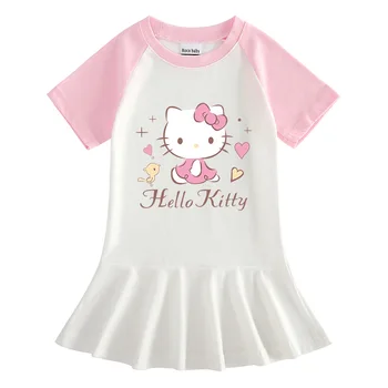 Kawaii Sanrio Hello Kitty noi de desene animate Drăguț de vară pentru copii nou pe jumătate cu mâneci rochie subțire secțiunea externe stil fusta plisata Imagine