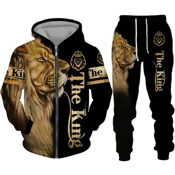 Lion King 3D imprimate barbati cu fermoar salopeta/barbati casual sport set de două piese de animal rece model de sacou și pantaloni sport Imagine