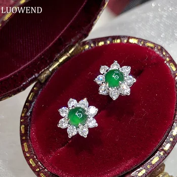 LUOWEND 18K Aur Alb Cercei Naturale Reale 0.34 carate Diamant de Lux Jadeit Stud Cercel pentru Femei Elegante de Design de Flori Bine Imagine