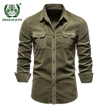 Mens pantaloni de Catifea cord din Bumbac Tricouri Clasice Maneca Lunga Business Casual Butonul Solidă Slim Fit Shirt pentru Bărbați Bluze Bluza Camasa Verde Imagine