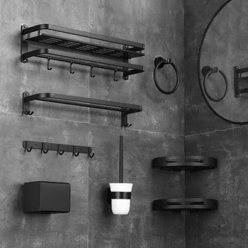 Mo Tang negru suport prosop din oțel inoxidabil 304 baie raft de depozitare montate pe perete non perforate baie agățat set Imagine