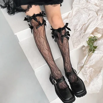 Ochiurilor De Plasă Fishnet Ciorapi Femei Stil Japonez Drăguț Bowknot Genunchi Șosete Mari Lolita Dulce Fetele Dantelă Lung Coapsa Inalta Șosete Ciorapi Imagine