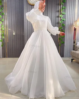 Organza alb Musulman Rochii de Mireasa pentru Mireasa Complet Maneca Gât Înalt Islamic Hijab Rochie de Mireasa arab Dubai Robe De Mariée Imagine
