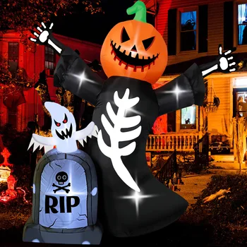 OurWarm Uriaș Schelet Halloween-Dovleac Gonflabil Fantomă LED iluminat Decor Grim Reaper Înfricoșătoare Petrecere în aer liber Curte Decor Imagine