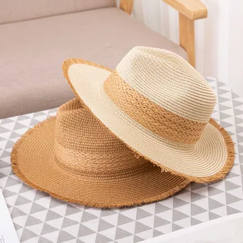 Palarie de soare Rafie Retro pentru Femei Elegante Femei Top Plat Pălărie de Paie Excursie Capace de Agrement, Plajă, Pălării de Soare Respirabil Flori Plaja Hat Imagine