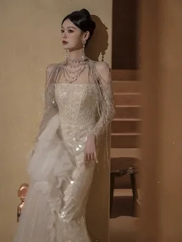 Personalizate rochie bej Hepburn vânt podium model de lux lumina unul-umăr cu margele rochie de pâine prăjită Imagine