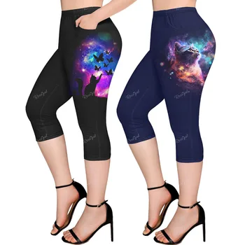 Plus Dimensiune Galaxy Sclipici Pisică Fluture Imprimat Buzunare Capri Jambiere 6XL Casual Pantaloni Skinny Pentru Femei Imagine