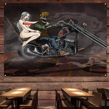 Puicute goale Schelet Rider Epocă Banner Motocicleta Pictura pentru Garaj benzinarie Peștera Atelier de Reparații Auto, Decor Acasă Poster Imagine