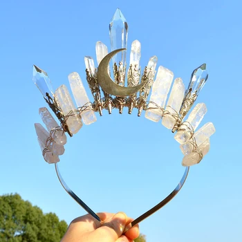 Real Cristal Crescent Tiara Bijuterii Bentita Naturale De Cuarț Mireasa Coroana Vrăjitoare Divinație Cosplay Pieptene Luna De Păr Accesorii Cadou Imagine
