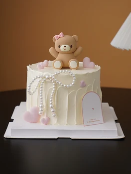 Roz Albastru Arc Urs Tren Păpuși Happy Birthday Cake Topper Tort Decor Fata de 1 Toppers Tort Ziua de nastere Copil de Dus Provizii Imagine