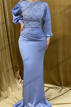 Sexy Moda Arabă Caftan RobeDe O Gatului Maneca Lunga Musulman Rochii De Seara Din Satin Sclipitoare Cu Paiete Islamic Forma Partid Rochie Imagine