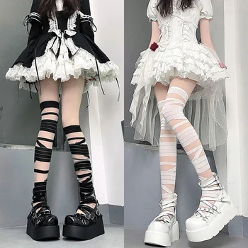 Subțire Curea Cruce Ciorapi Japoneze Lolita Genunchi Ridicat Ciorapi Sexy Alb Negru Bandaj Colanti Slim Ciorapi Jk Cosplay Accesorii Imagine