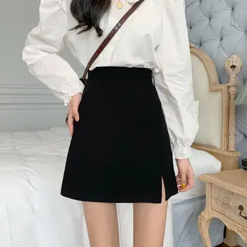 Talie Inalta Femei Fusta Mini De Vară Solid Negru Tăiat-O Linie Stil Coreean Slim Doamnelor Fusta Casual Căptușite Student Fuste Imagine