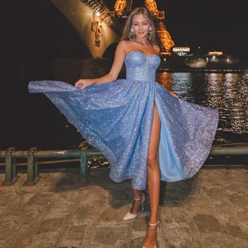Uimitoare Iubita Albastru Rochie de Bal - Întoarce Capul la Petrecerea de Seara Chic Spray aur net Genunchi Lungime Rochie de Vestidos De Noche Imagine