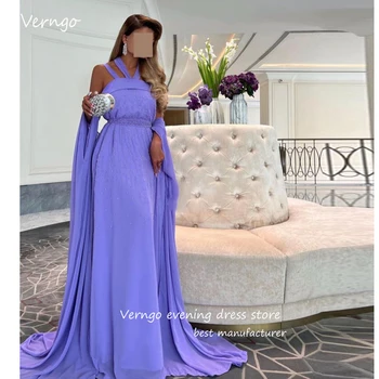 Verngo Elegant Violet Sifon Arabia Arabe Rochii De Seara Margele Cape Mâneci Dubai Femei Formale Partid Rochie De Bal Rochie De Ocazie Imagine