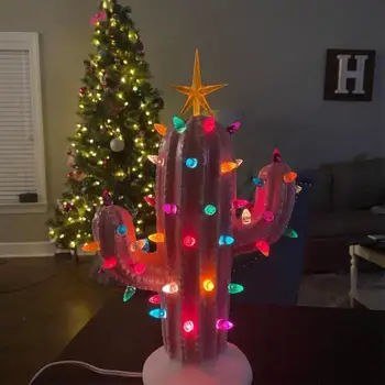 Vintage Cactus De Crăciun Cu Lumini De Crăciun Decorativ Iluminat Lumina De Noapte Rășină Desktop Ornamente Decor Acasă Imagine