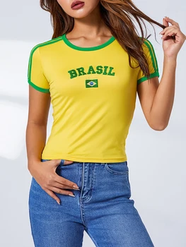 Y2K Brazilia Fotbal Fata Crop Top pentru Femei Steaua Grafic Zână Grunge Copilul Tee Fete Estetice Epocă Gotică T-Shirt Imagine