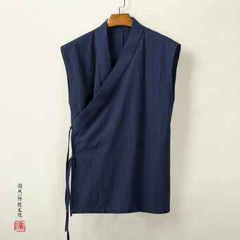 Îmbrăcăminte Tradițională chineză Hanfu Vesta Barbati Nou Fantă de Lenjerie de Top din Bumbac Top fără Mâneci pentru Bărbați Vintage Tang Costum Kimono Cardigan Barbati Imagine